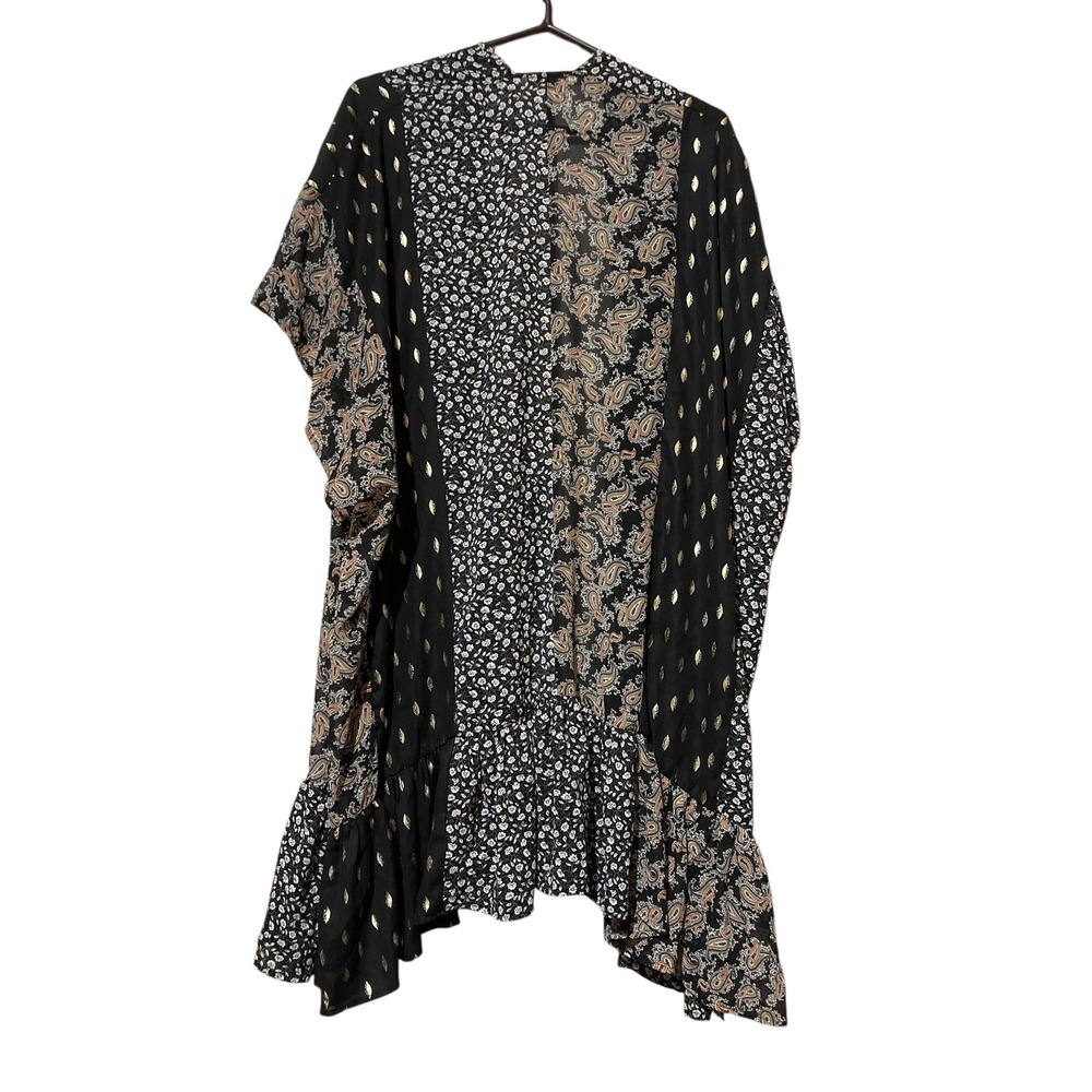 Umgee USA Mixed Print Kimono Paisley Floral Gold Foil Ruffle Black SM Boho